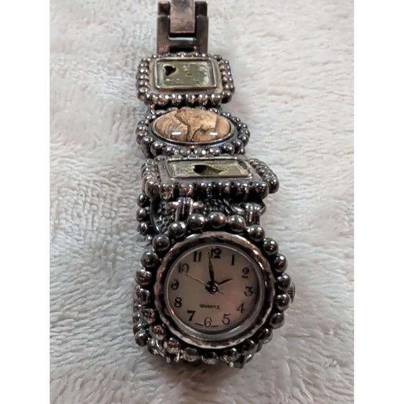 Vintage Mixed Stone Panel Bracelet Watch Silver Tone Japan Quartz Boho Style main image 8